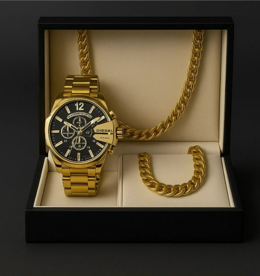 ست ساعت دیزل طلایی و دستبند و گردنبند